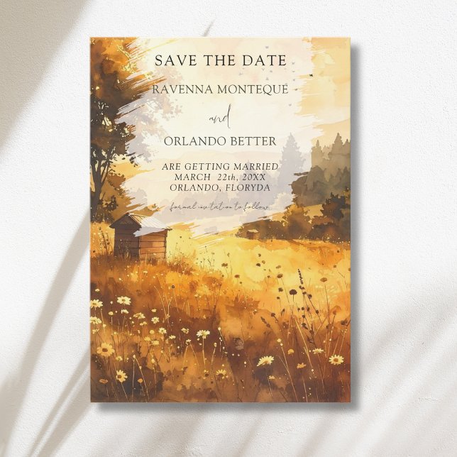 Rustic Autumn Barn Meadow Watercolor Wedding Save The Date (Creator Uploaded)