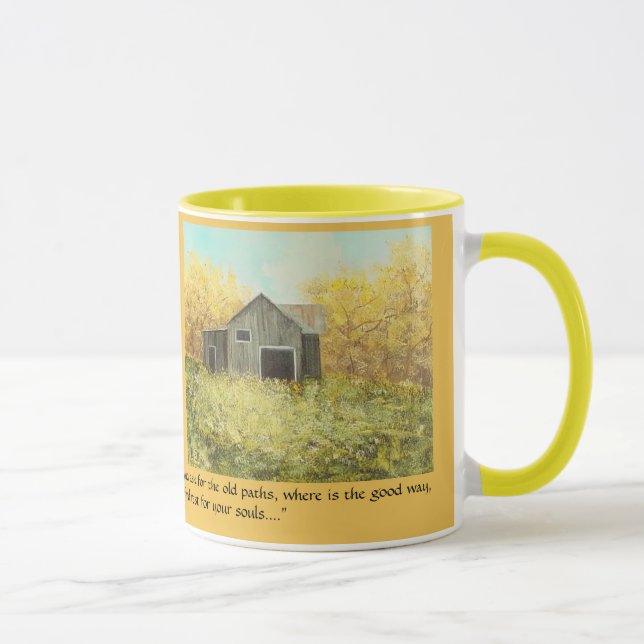 Rustic Autumn Barn "The Old Paths" Gold Mug (Right)