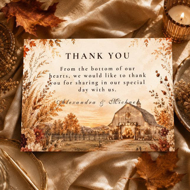 Rustic Autumn Barn Wedding Thank You Card (Creator Uploaded)