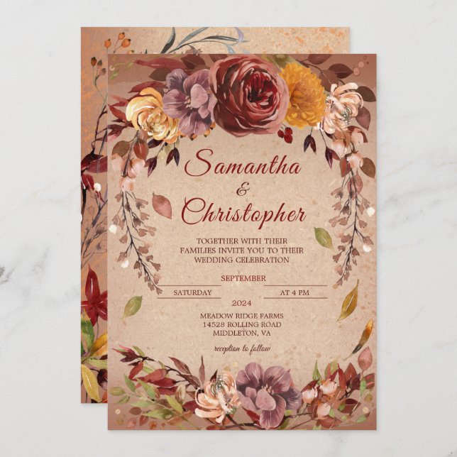 Rustic Autumn Bloom Burgundy Amber Fall Wedding Invitation (Front/Back)