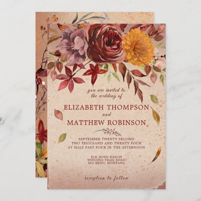 Rustic Autumn Bloom Burgundy Blush Fall Wedding  Invitation (Front/Back)