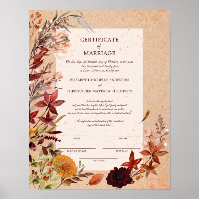 Rustic Autumn Bloom Floral Certificate of Marriage Poster (Front)