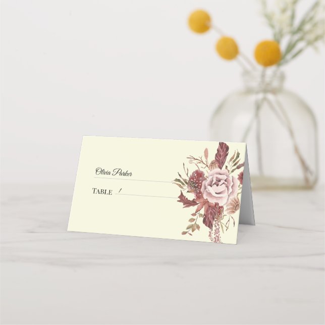 *Rustic Autumn Blooms Watercolor Cream Background Place Card (Front)