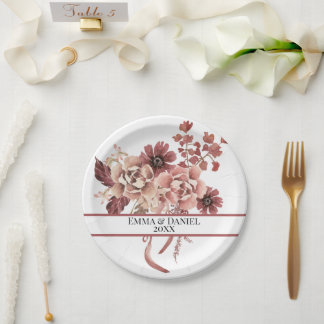 Rustic Autumn Blooms White Background Watercolor Paper Plate