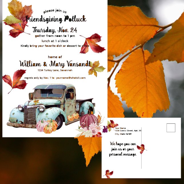 Rustic Autumn Blue Truck Friendsgiving Potluck Postcard (Creator Uploaded)