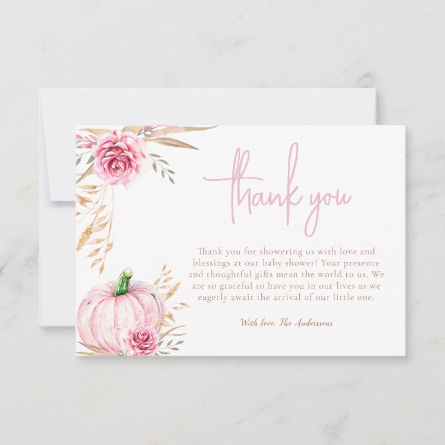 Rustic autumn boho Pumpkin baby Girl shower Thank You Card (Front)