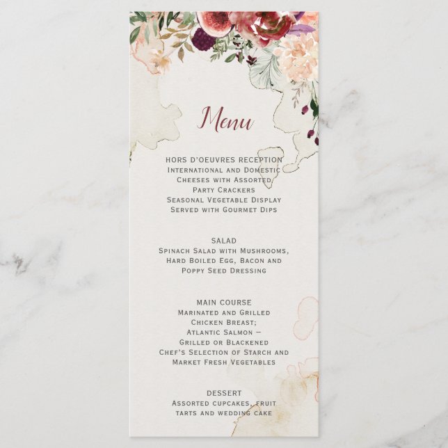 Rustic Autumn Boho Watercolor Floral Wedding Menu (Front)
