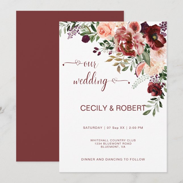 Rustic Autumn Boho Watercolor Flowers Heart Script Invitation (Front/Back)