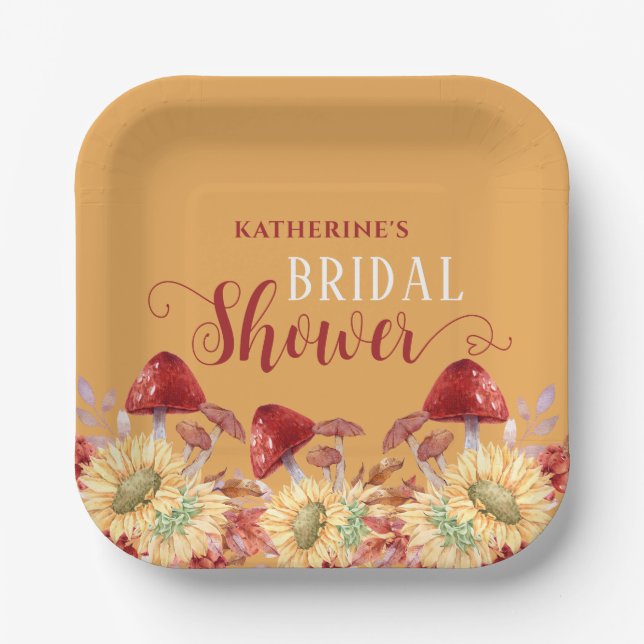 Rustic Autumn Bridal Shower Sunflowers Mushroom Paper Plate (Front)