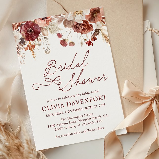 Rustic Autumn Burgundy Floral Fall Bridal Shower Invitation (Creator Uploaded)