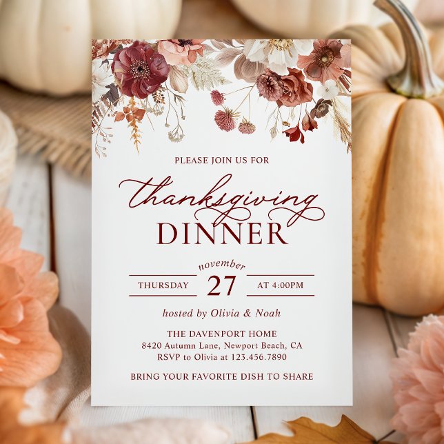 Rustic Autumn Burgundy Floral Thanksgiving Dinner Invitation (Creator Uploaded)