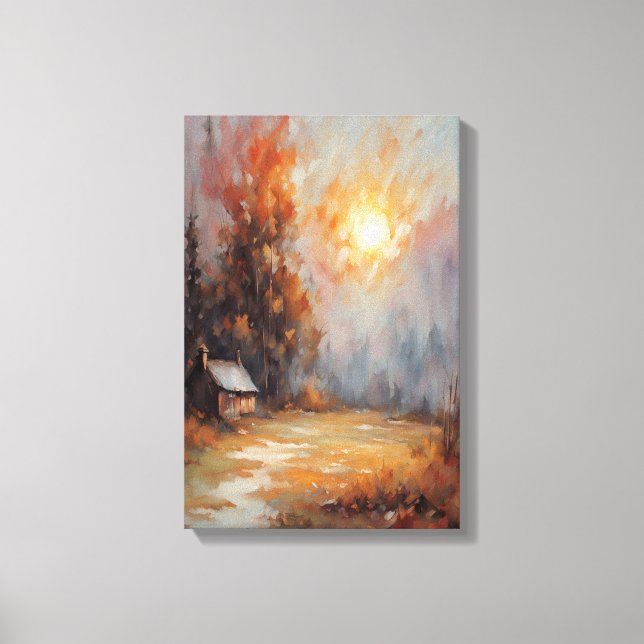 Rustic Autumn Cabin Landscape Fall Art Canvas Print (Front)