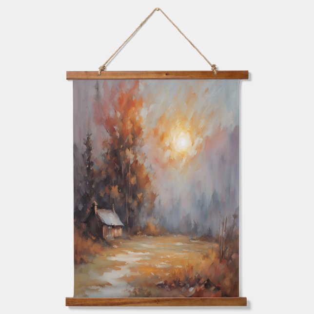 Rustic Autumn Cabin Landscape Fall Art Hanging Tapestry (Front)
