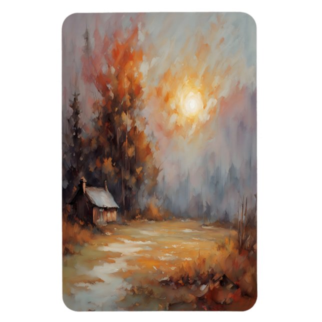 Rustic Autumn Cabin Landscape Fall Art Magnet (Vertical)
