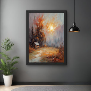 Rustic Autumn Cabin Landscape Fall Art Poster