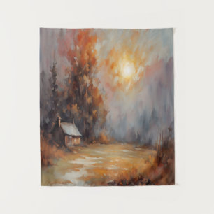 Rustic Autumn Cabin Landscape Fall Art Tapestry