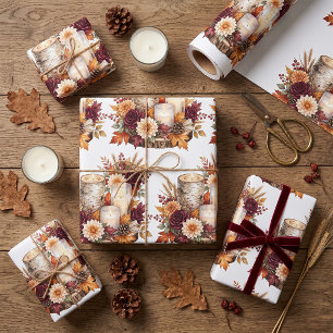 Rustic Autumn Candle Floral Centerpiece Wrapping Paper