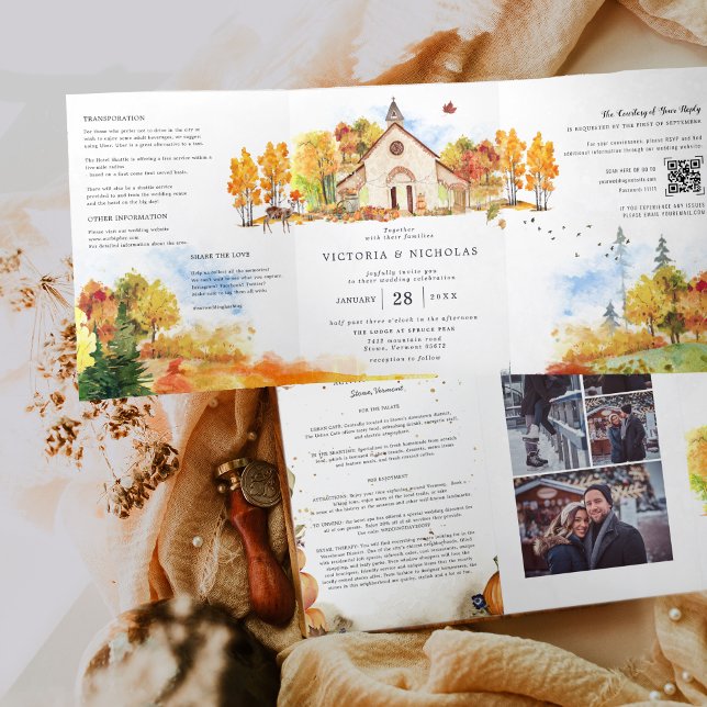 Rustic Autumn Chapel Wedding Tri-Fold Invitation (Creator Uploaded)