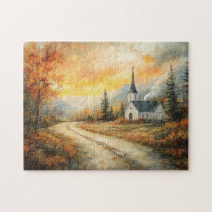 Rustic Autumn Church Watercolor Painting Jigsaw Puzzle