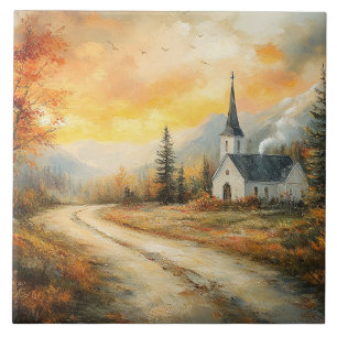 Rustic Autumn Church Watercolor Painting Tile