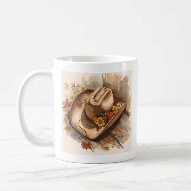 Rustic Autumn Cowboy Hat with Flowers Coffee Mug (Left)