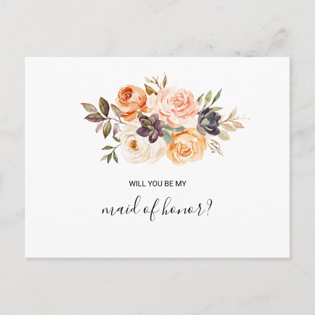 Rustic Autumn Elegant Floral Maid of Honour Invitation Postcard (Front)