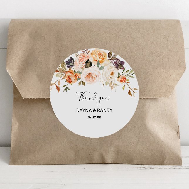 Rustic Autumn Elegant Floral Thank You Favour Classic Round Sticker (Creator Uploaded)