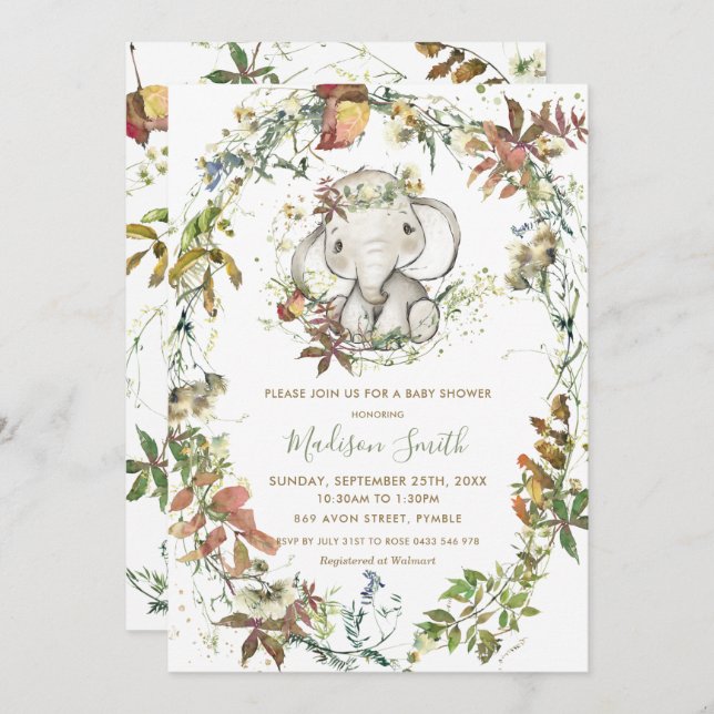 Rustic Autumn Elephant Gender Neutral Baby Shower Invitation (Front/Back)