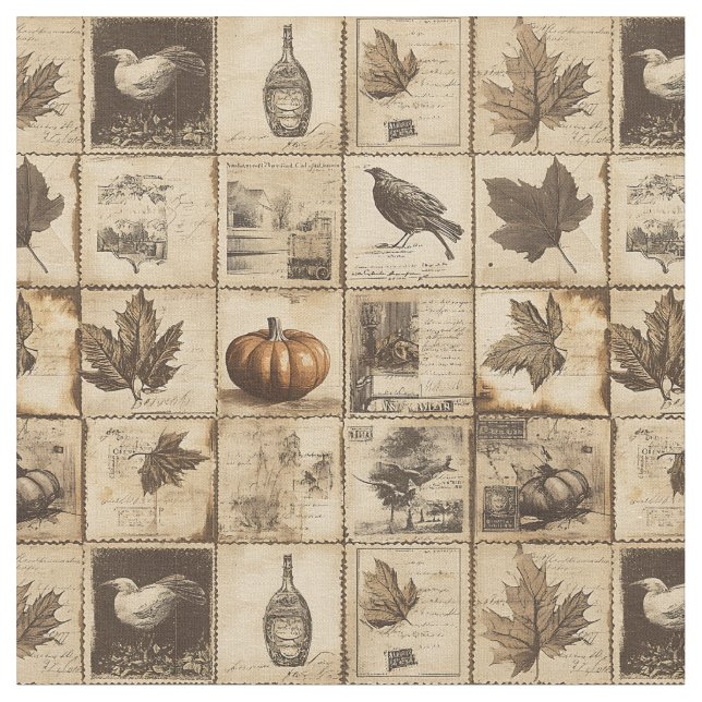 Rustic Autumn Ephemera Collage | Warm Earthy (2) Fabric (Close Up)