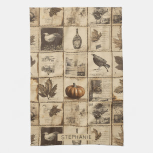 Rustic Autumn Ephemera Collage Warm Earthy (2) Tea Towel