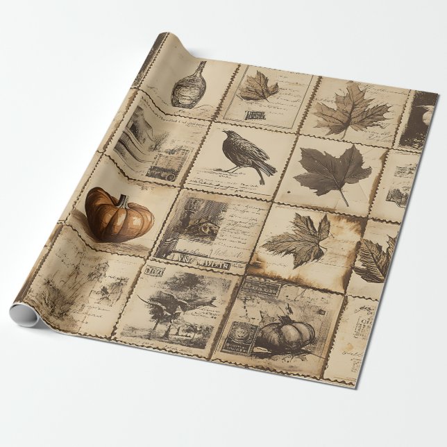 Rustic Autumn Ephemera Collage | Warm Earthy (2) Wrapping Paper (Unrolled)