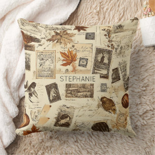 Rustic Autumn Ephemera Collage Warm Earthy Cushion