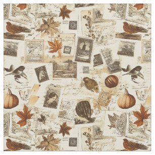 Rustic Autumn Ephemera Collage Warm Earthy Fabric