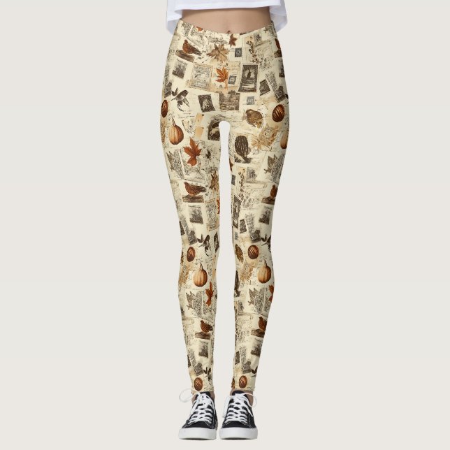 Rustic Autumn Ephemera Collage | Warm Earthy Leggings (Front)