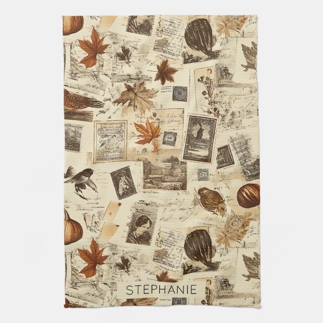 Rustic Autumn Ephemera Collage | Warm Earthy Tea Towel (Vertical)