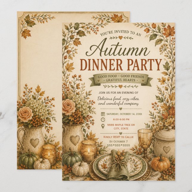 Rustic Autumn Fall Dinner Party Farmhouse Invitation (Front/Back)