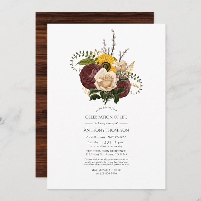 Rustic Autumn - Fall Floral Celebration of Life Invitation (Front/Back)