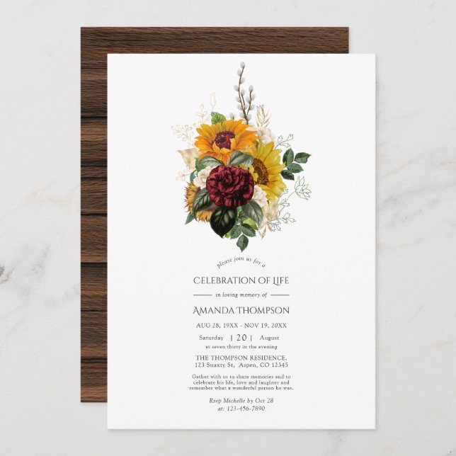 Rustic Autumn - Fall Floral Celebration of Life Invitation (Front/Back)