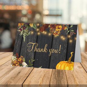 Rustic autumn fall floral gold script barn wood thank you card