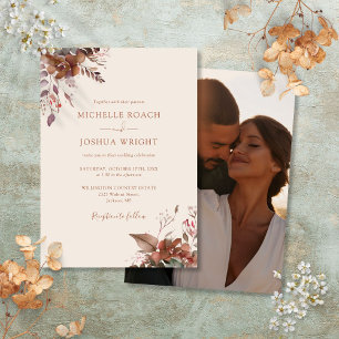Rustic Autumn Fall Floral Photo Wedding Invitation