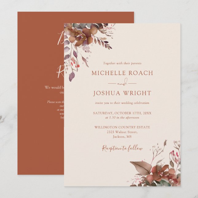 Rustic Autumn Fall Floral QR Code Wedding Invitation (Front/Back)