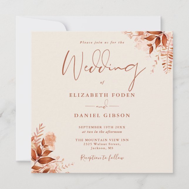 Rustic Autumn Fall Floral QR Code Wedding Invitation (Front)