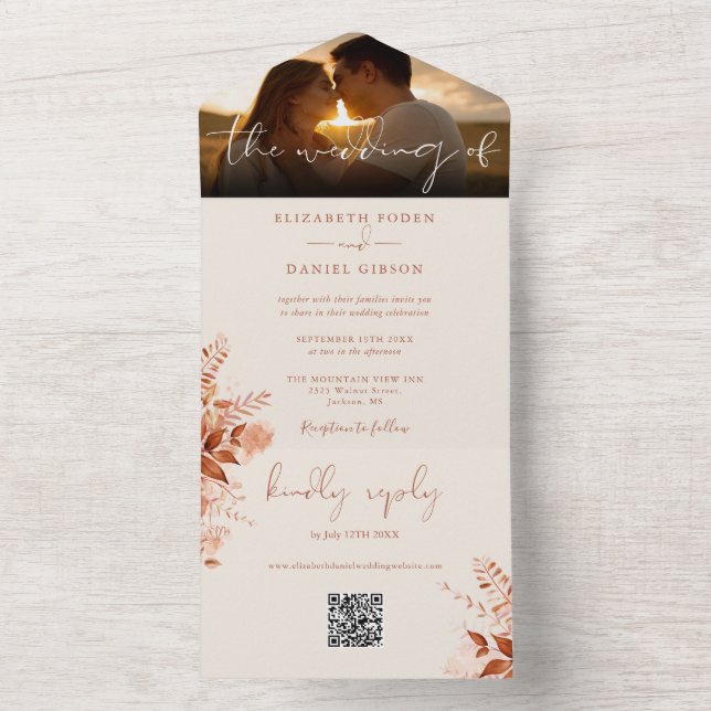 Rustic Autumn Fall Floral QR Code Wedding Photo All In One Invitation (Inside)
