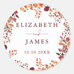 Rustic Autumn Fall Floral Wedding Classic Round Sticker