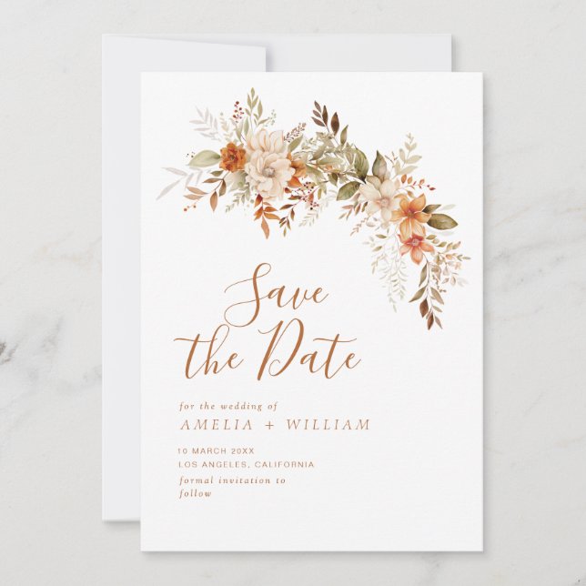 rustic autumn fall floral wedding save the date (Front)