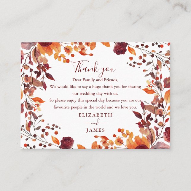 Rustic Autumn Fall Floral Wedding Thank You Place Card (Front)