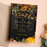 Rustic autumn fall floral wood pumpkin wedding invitation<br><div class="desc">Beautiful rusty orange and dark burgundy autumn fall flowers and pumpkin borders with strings of golden twinkle lights over a dark brown barn wood background making a charming elegant wedding invitation with a trendy handwriting gold typography script. Easy to personalise with your details! Suitable for traditional autumn fall rustic country...</div>