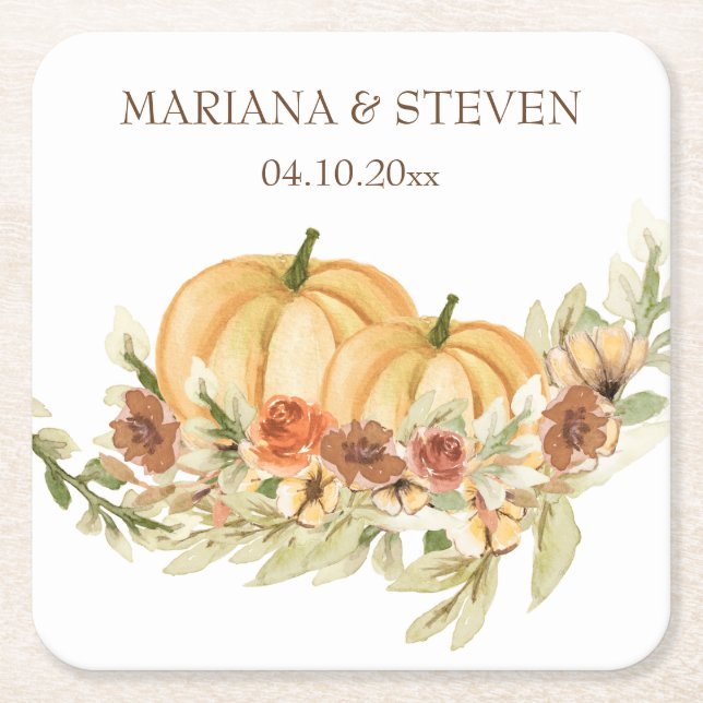 Rustic Autumn Fall in Love Pumpkin Wedding Square Paper Coaster (Front)