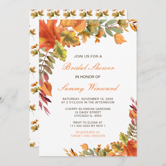 Rustic Autumn Fall Leaves Bridal Shower Invitation (Front/Back)