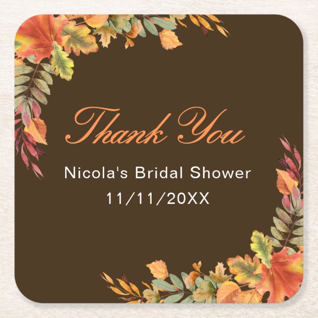 Rustic Autumn Fall Leaves Bridal Shower Square Paper Coaster (Front)